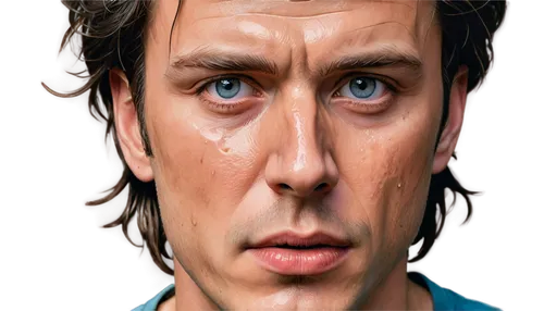 Scared human face, close-up, solo, adult male, pale skin, dark circles under eyes, messy brown hair, sweat droplets on forehead, trembling lips, tears in eyes, facial muscles tense, dim lighting, cine