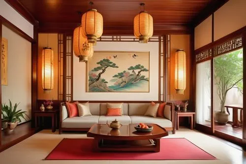 japanese-style room,amanresorts,interior decor,asian architecture,ryokan,sitting room,shangri,longshan,fengshui,interior decoration,shangrila,peranakan,anantara,oriental painting,contemporary decor,feng shui,sanya,home interior,shuozhou,hotel hall,Illustration,Retro,Retro 08