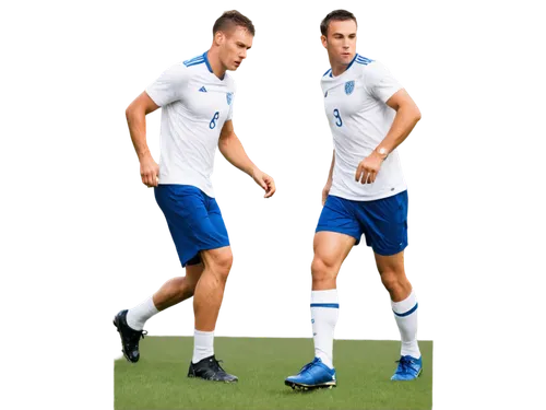 Male athlete, footballer, dynamic pose, muscular body, athletic wear, white jersey, blue shorts, soccer ball at feet, intense facial expression, sweat droplets on forehead, green grass background, bri