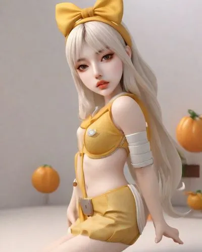 3d animated rendering of a doll dressed in a bikini,vidalia,3d figure,yellow peach,ginko,artist doll,doll figure,tumbling doll,bjd,apricot,kotobukiya,yang,mmd,japanese doll,mini figuka,clay doll,milli