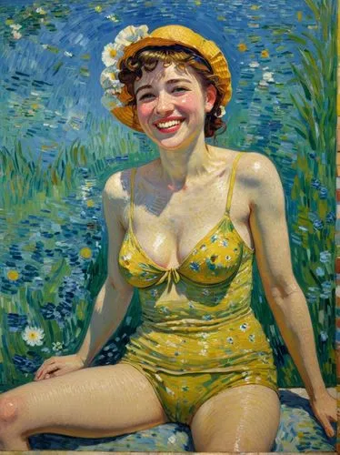 Bathing beauty, smiling. Let the motif appear as a French impressionist painting as if it had been painted by Vincent van Gogh.,a smiling woman in a yellow swimsuit, holding a yellow straw,domergue,ya