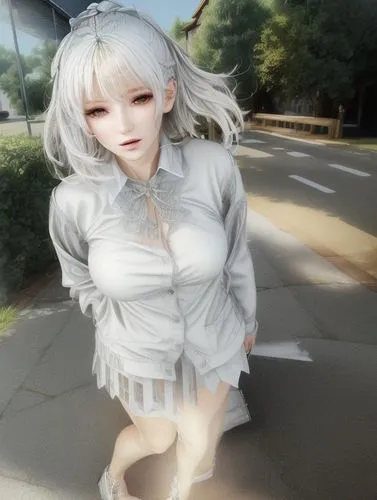 piko,whitey,fuki,ghost girl,walk,pale,white clothing,b3d,gray color,anime 3d,poi,female doll,walk in a park,3d rendered,meteora,anime girl,artist doll,white color,stroll,strolling