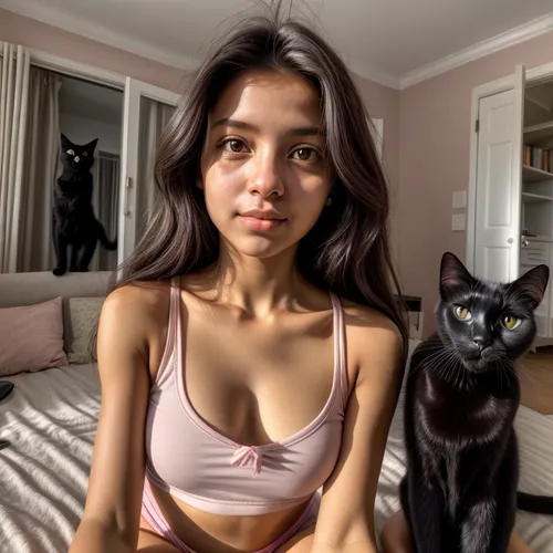 She is in front wearing shorts and a pink top.  Taking a selfie of herself.  Behind her on the bed, lies a black cat.  looking at her,asian girl,natashquan,pixilation,phuquy,fumie,petite,singaporean,a