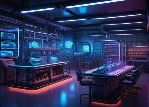 computer room,laboratory,neon coffee,study room,chemical laboratory,ufo interior,laboratories,pharmacy,cosmetics counter,synth,mainframes,lab,cyberpunk,the server room,neon drinks,computerized,neon cocktails,research station,cyberscene,spaceship interior,Illustration,Paper based,Paper Based 04