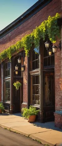 Kalamazoo, heritage architectural salvage store, rustic exterior, old brick wall, wooden sign creaking in the wind, vines crawling up the facade, ornate iron doors, large wooden windows, antique door 