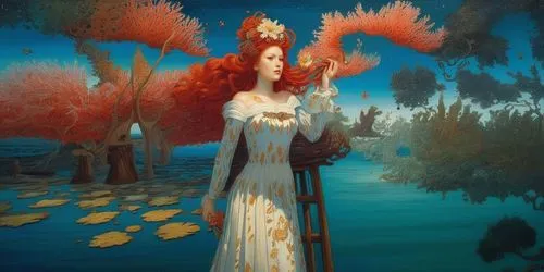 rusalka,fantasy picture,the sea maid,water nymph,merida,fantasy portrait,maureen o'hara - female,merfolk,girl on the river,coral guardian,fantasia,aquarius,siren,fairy peacock,fantasy art,fantasy woman,sirens,flora,mermaid background,transistor,Illustration,Paper based,Paper Based 04