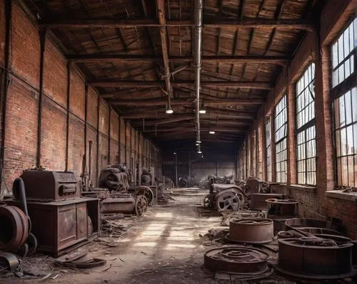 Baltimore style, architectural salvage, old warehouse, worn brick walls, wooden beams, distressed metal roof, vintage industrial windows, rusty pipes, reclaimed wood, metal gears, antique machinery, d