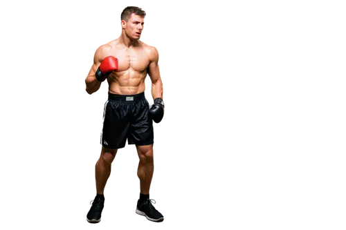 Male boxer, muscular physique, sweaty skin, intense facial expression, gloved fists, boxing shorts, athletic shoes, ropes of ring in background, dramatic lighting, low-angle shot, shallow depth of fie