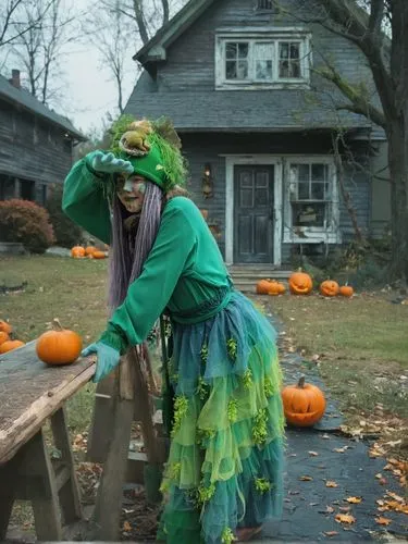 Old Halloween Scenery,the woman in green is posing for the camera,scarecrow,halloween scene,halloween and horror,wicked witch of the west,kirdyapkin,halloween witch