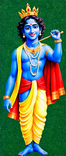 Lord Sri Krishna, Indian god, blue-skinned, smiling face, elegant hairstyle, golden crown, pearl necklace, yellow dhoti, red shawl, holding flute, standing with one leg bent, lush green background, wa