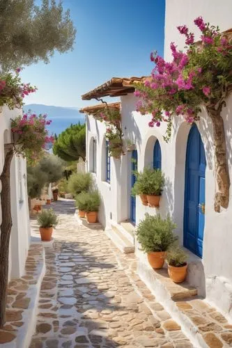 Ancient Greek houses, Doric columns, marble floors, ceramic tiles, white stucco walls, blue doors, wooden shutters, terra cotta roof, surrounded by olive trees, lemon trees, flower pots, stone pathway