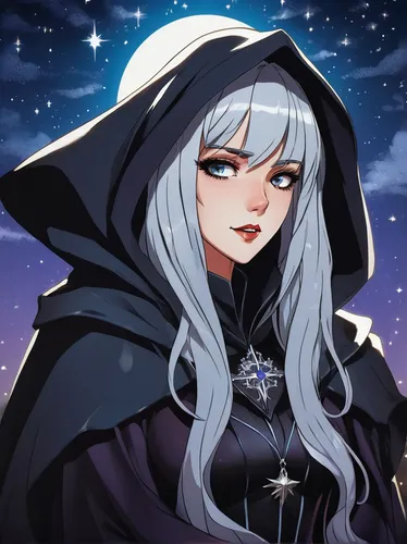 merlin,witch's hat icon,winterblueher,star mother,luna,vexiernelke,sorceress,sterntaler,starry sky,aurora,seven sorrows,ursa,elza,queen of the night,halloween banner,constellation wolf,psychic vampire,caerula,nightingale,the snow queen,Illustration,Japanese style,Japanese Style 07