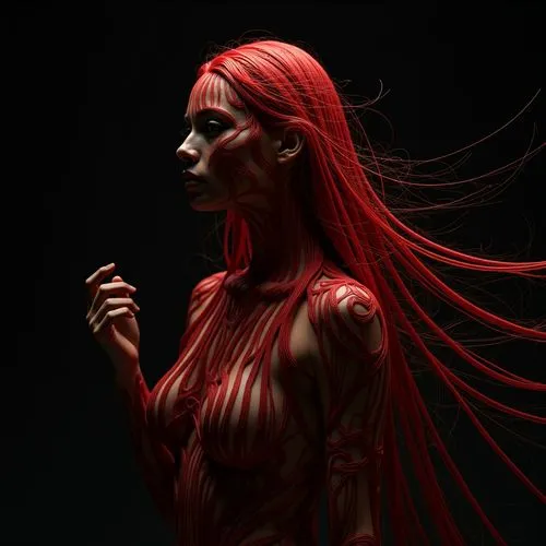 In this intimate portrait, a young woman with long, flowing slender hair stands tall and proud, its skin carved with intricate lines and curves. Her skin is a deep, velvety red, its skin woven entirel