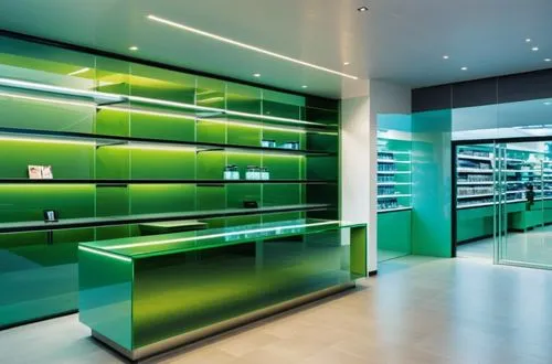 the glass shelves have green lights on them,pharmacies,pharmacy,pharmacie,biotherm,farmacia,shelving,Photography,General,Realistic