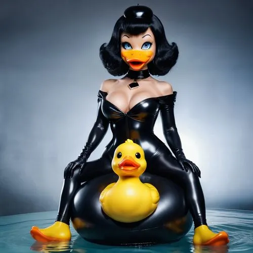 cgi image of a domina rubber duck with a black wig, black lipstick, black eyes with eyelashes, and black beak/bill, black full body latex outfit with ring,rubber duckie,rubber ducky,rubber ducks,rubbe