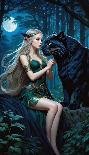 fantasy picture,fantasy art,blackwolf,elenore,black shepherd,she feeds the lion,Illustration,Realistic Fantasy,Realistic Fantasy 08