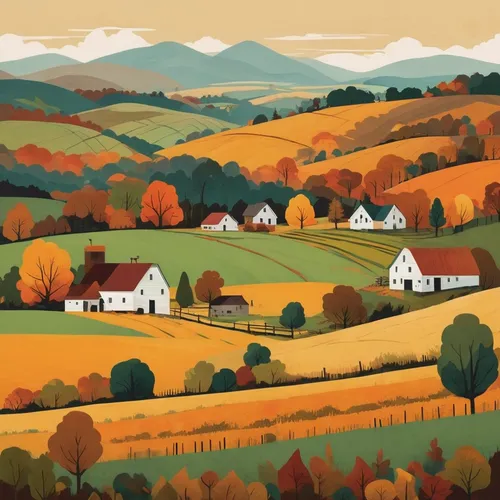 A picturesque autumn landscape, rolling hills, rustic farmhouses, haystacks, harvest season, warm and earthly tones, rich details.,fall landscape,autumn landscape,vermont,autumn mountains,autumn idyll