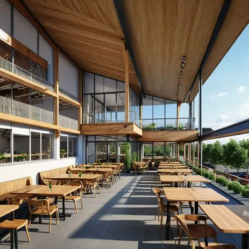 a drawing of the facade od an organic style cafeteria with a mezzanine,school design,cafeteria,canteen,beer tables,daylighting,folding roof,outdoor dining,ski facility,roof terrace,3d rendering,food c