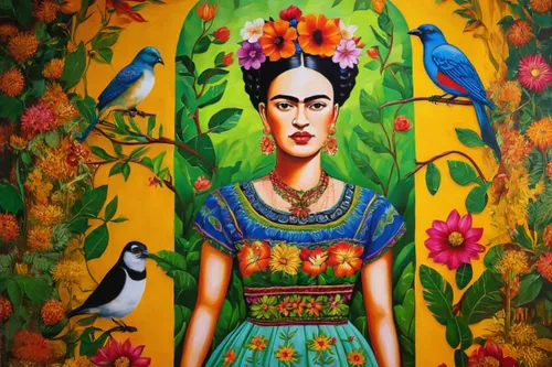 frida,khokhloma painting,vietnamese woman,black macaws sari,rosella,pachamama,javanese,african woman,guacamaya,african art,folk art,peruvian women,girl in flowers,bird painting,mina bird,boho art,nicaraguan cordoba,flower and bird illustration,oil painting on canvas,indigenous painting