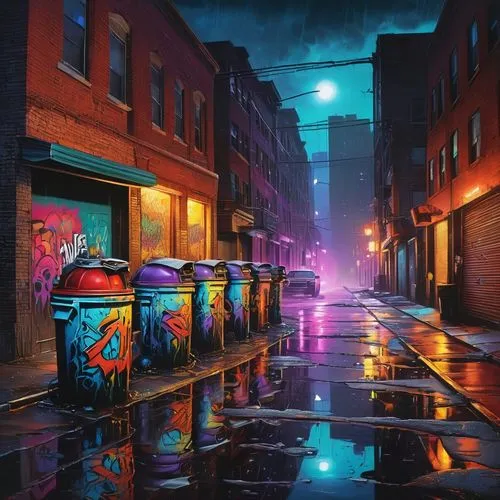 colorful city,alley,alleyway,night scene,cyberpunk,cityscape,lanterns,urban,graffiti,graffiti art,city lights,street lights,city at night,alley cat,china town,neon drinks,nightlife,new orleans,chinatown,blind alley,Illustration,Black and White,Black and White 01