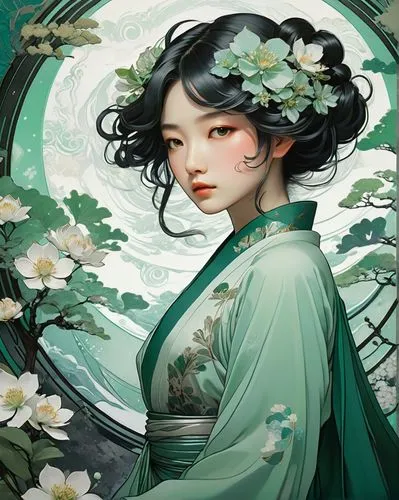 jasmine blossom,geisha,plum blossoms,white blossom,junshan yinzhen,geisha girl,oriental princess,plum blossom,mint blossom,japanese floral background,oriental painting,scent of jasmine,japanese art,jasmine flower,moonflower,chinese art,jasmine flowers,blossoms,night-blooming jasmine,oriental,Illustration,Retro,Retro 03