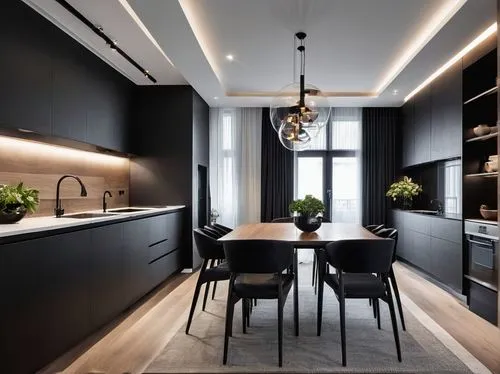 Modern minimalist, apartment in the city center, diningroom, stark color contrasts, dark tones, clean lines, exquisite design, white ceilings, black furniture, wood veneer walls, Modern minimalist, ap