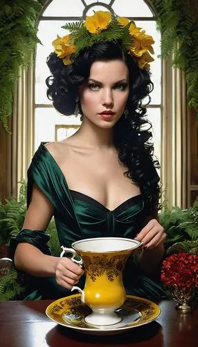 woman drinking coffee,marguerita,yellow rose background,background ivy,jasmine tea,goldenrod tea,chamomile,herb tea,chrysanthemum tea,flower tea,camomile,herbal tea,belladonna,camomile tea,pouring tea,marguerite,christmas woman,celtic woman,angelica,tea cup,Illustration,Realistic Fantasy,Realistic Fantasy 10