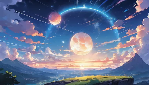 fantasy landscape,celestial event,astral traveler,mushroom landscape,fantasy picture,planetaria,celestial,earth rise,futuristic landscape,homeworld,dream world,moon and star background,dreamscape,mountain world,moons,cosmosphere,hoenn,earthlike,dreamstone,landscape background,Illustration,Japanese style,Japanese Style 06