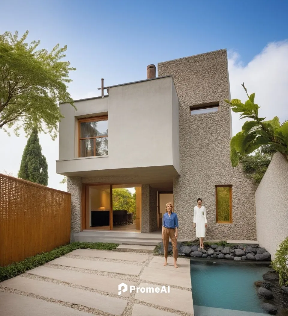 As you walk down the serene garden, you hear the soft hum of blooming flowers overhead, and they chime with an otherworldly energy. The exterior of the house is minimalist, complete with a wooden entr