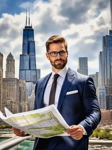 Professional male architect, 30s, glasses, short brown hair, beard, white shirt, black tie, dark blue suit, holding blueprints, standing, Chicago cityscape, Willis Tower, skyscraper, modern architectu