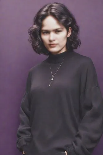 a young woman wearing black clothing and looking into the camera,goth woman,purple background,molko,hila,skrillex,mosshart,Photography,Realistic