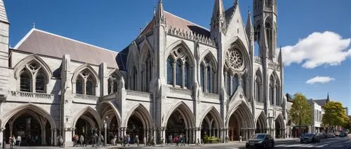 Christchurch cityscape, modern architectural design, Gothic Revival style, intricate stone carvings, grand entrance with arched doorway, rose window, ornate columns, ribbed vaults, flying buttresses, 