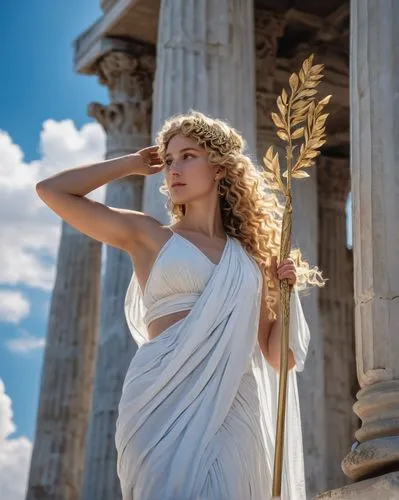 Greek goddess Aeolus, standing, flowing white toga, golden laurel wreath, long curly hair, piercing blue eyes, subtle smile, delicate fingers holding a ornate silver scepter, transparent draped fabric