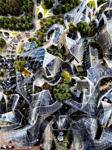 solar cell base,honeycomb structure,autostadt wolfsburg,futuristic architecture,building honeycomb,chinese architecture,urban design,soumaya museum,futuristic art museum,kirrarchitecture,aerial landscape,tianjin,hotel w barcelona,mixed-use,urbanization,roof landscape,eu parliament,solar panels,honeycomb grid,escher village