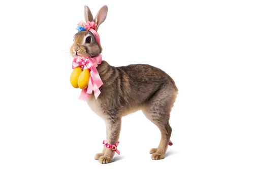 Easter bunny, cartoon style, funny facial expression, big eyes, pink nose, yellow fur, holding Easter eggs, colorful eggs, decorated with flowers and ribbons, standing on one leg, leaning forward, whi