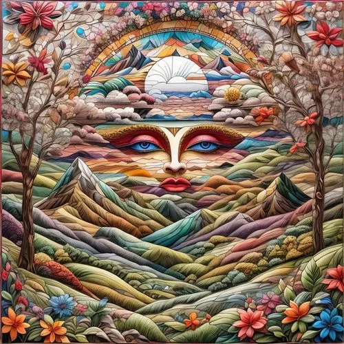 pachamama,mantra om,tapestry,vishishtadvaita,mushroom landscape,mountain scene