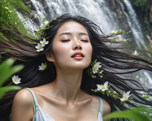 beautiful girl with flowers,girl in flowers,falling flowers,scent of jasmine,flower fairy,wild jasmine,japanese floral background,jasmine blossom,yuri,beauty in nature,white blossom,blooming wreath,vietnamese woman,natural cosmetics,forest flower,natura,flower water,芦ﾉ湖,summer jasmine,hula,Conceptual Art,Fantasy,Fantasy 03