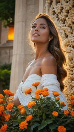 flower in sunset,girl in flowers,beautiful girl with flowers,orange roses,ciara,orange petals