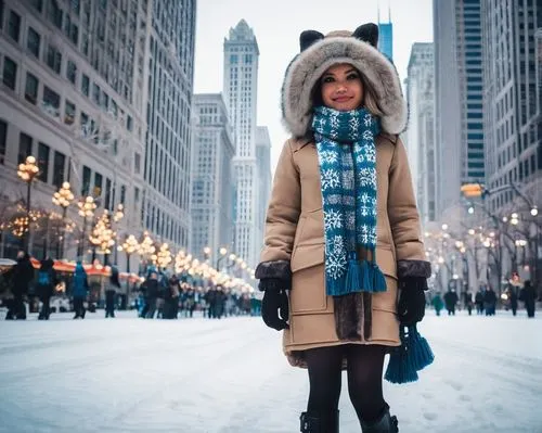 Chicago girl, winter outfit, thick coat, fur hood, gloves, scarf, boots, walking alone, Michigan Avenue, skyscraper background, snowflakes gently falling, cloudy sky, cold lighting, cinematic composit