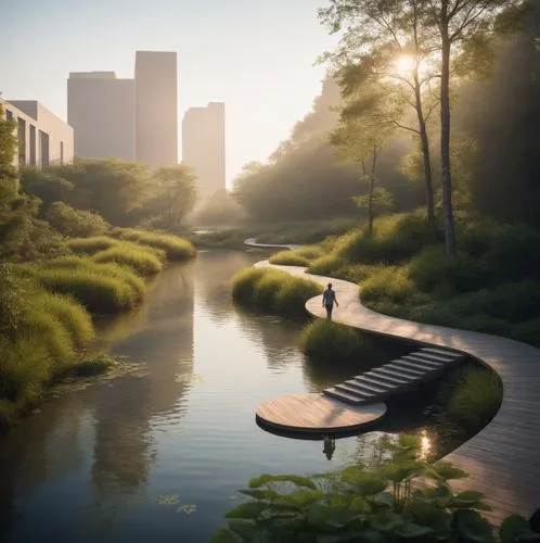 the person stands at the end of the path near the river,canoeing,paddleboard,canoe,boat landscape,world digital painting,floating on the river,river landscape,idyllic,paddle board,towpath,landscape ba