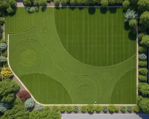 an aerial view of a park, with lots of trees and bushes,golf lawn,manicured,parterre,keukenhof,green lawn,augarten,Photography,General,Realistic