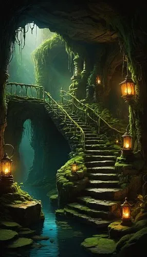 Overgrown cavern, ancient ruins, mysterious atmosphere, vines crawling up stone walls, moss covering crumbling rocks, dimly lit torches, flickering flames, eerie shadows, old rusty lanterns, abandoned