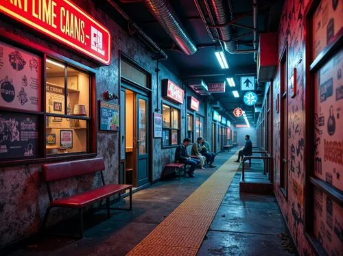 Vibrant tram station, bold neon lights, bright primary colors, metallic surfaces, reflective materials, abstract patterns, fragmented forms, irregular shapes, contrasting textures, eclectic mix of old