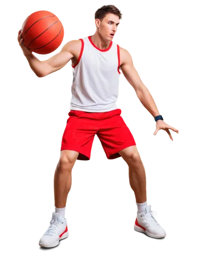 basketball player, athletic male, muscular arms, sweaty skin, serious facial expression, messy short hair, white jersey, red shorts, sneakers, bouncing ball, dynamic movement, low-angle shot, dramatic