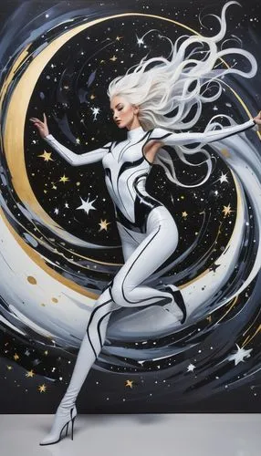 silver surfer,sprint woman,andromeda,sci fiction illustration,aquarius,the snow queen,figure skating,cg artwork,star mother,spacesuit,fantasy woman,virgo,space art,space-suit,bodypainting,zodiac sign gemini,gemini,fantasia,falling star,space suit,Conceptual Art,Graffiti Art,Graffiti Art 06