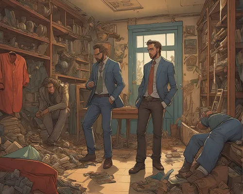 Imagine a humorous situation where Jay and Carlos accidentally switch bodies and chaos ensues.,men clothes,boy's room picture,changing rooms,changing room,workers,blue-collar,sci fiction illustration,