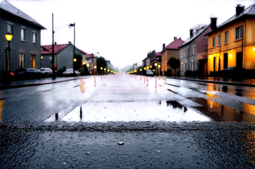 Rainy scenery, rainy day, solo, water droplets on lens, misty atmosphere, wet pavement, dark clouds, streetlights reflection, shallow depth of field, warm color tone, cinematic lighting, 3/4 compositi