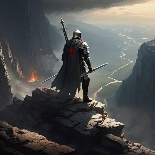 Templar king on the edge of the precipice, motivating his soldiers to fight. Below, his subjects should also be raising their swords in respect to their king.,guards of the canyon,the wanderer,heroic 