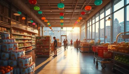 Vibrant grocery store interior, modern architecture, colored glass decorations, suspended ceiling lamps, shiny floor tiles, metal shelves stacked with products, shopping carts and baskets scattered ar