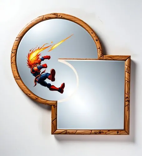 A mirror frame made of wood against a white background ,a mirror and a man with flames painted on it,mirror frame,copper frame,frame illustration,frame mockup,framemaker,life stage icon,Conceptual Art